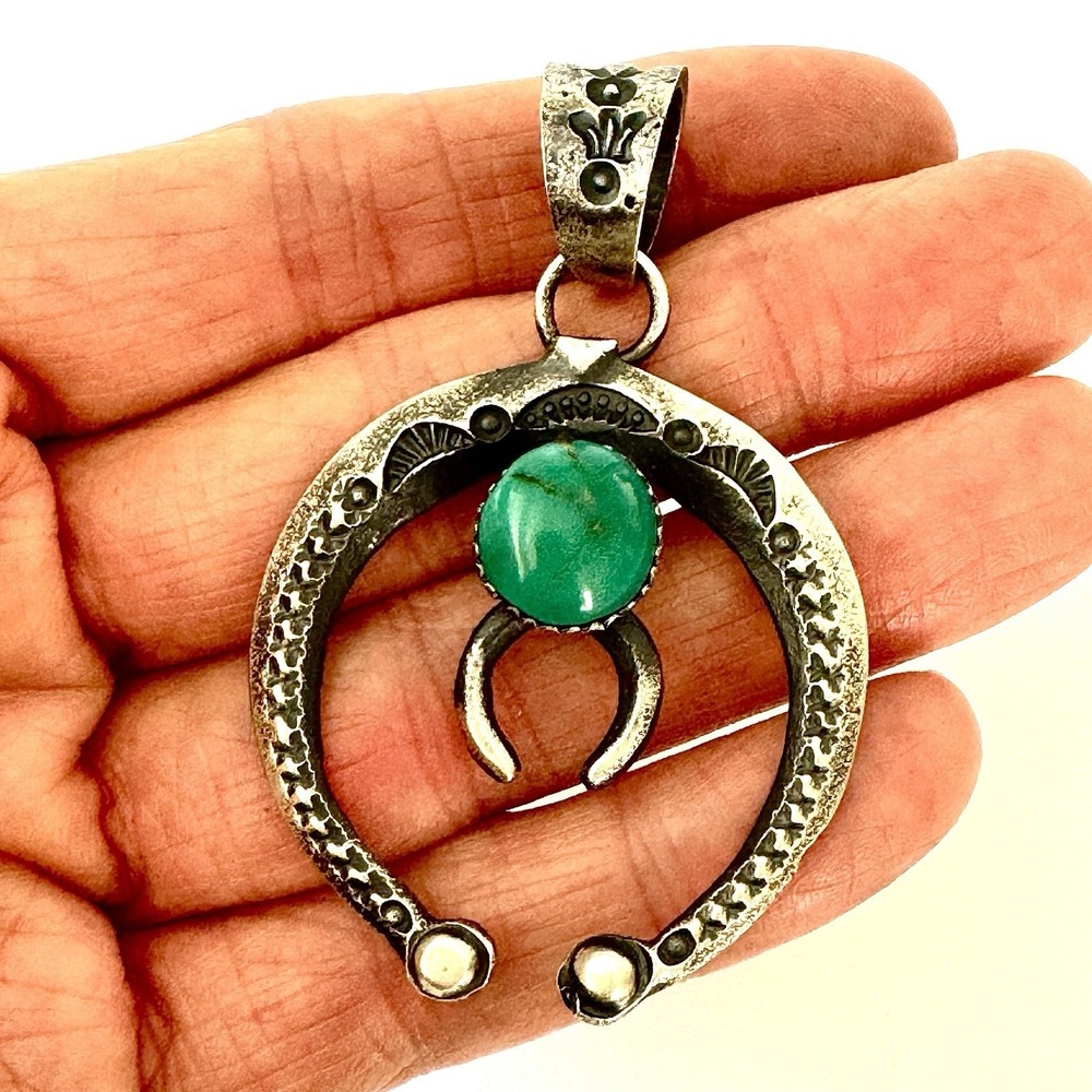 Navajo Naja Pendant Turquoise 2.25in Squash Lucky Horseshoe Signed EL Billah